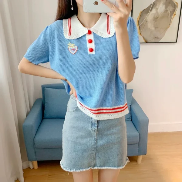 Blue-Thin-Knitted-Short-Sleeve-Top1.webp Blue Thin Knitted Short Sleeve Top